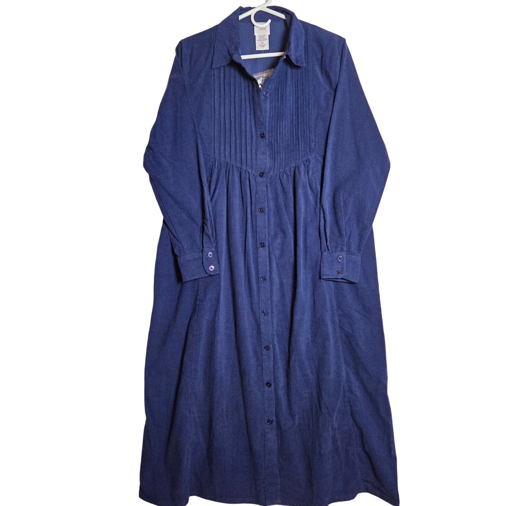 Scandia Woods Corduroy Midi Dress Womens 12P Navy Pintuck Cottagecore Prarie
